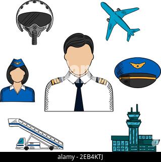 Pilot und Luftfahrt handgezeichnete bunte Ikonen mit Kapitän in weißer Uniform, umgeben von Stewardess, Flugzeug, Flughelm, Spitzenmütze, Flughafenbuil Stock Vektor