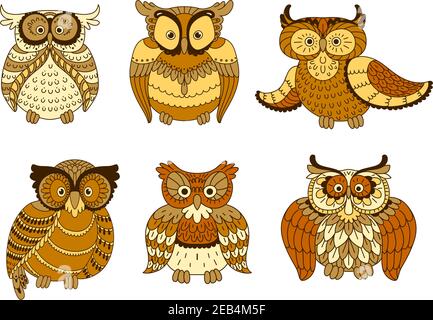 Cartoon Waldkauz Vögel mit braunen und gelb gefleckten Gefieder und großen Augen. Niedliches Maskottchen für Halloween, Bildungsemblem oder T-Shirt Print Design Stock Vektor