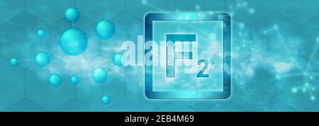 F2 Symbol. Fluor-Molekül mit Molekül und Netzwerk auf grauem Hintergrund Stockfoto