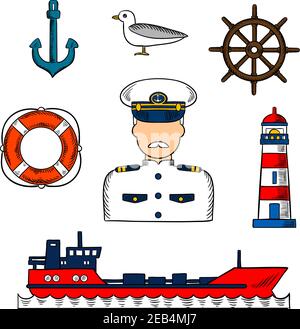 Seemann oder Kapitän Beruf Infografik Elemente mit Schnurrbart Kapitän in weißer Uniform, Helm, Tankschiff, Anker und Rettungsboje, Leuchtturm und Meer Stock Vektor