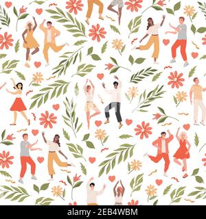 Tanzende Menschen und grüne Natur Vektor flach nahtlose Muster. Männer und Frauen in lässiger Kleidung tanzen, feiern Urlaub, Gefühl positive Emotionen. Grüne Blätter, Blumen und Herzen Illustration. Stock Vektor
