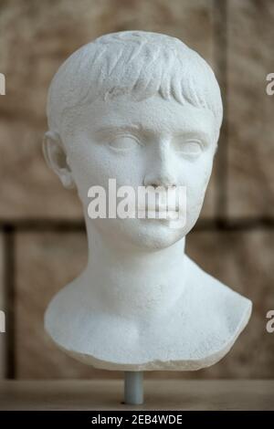 Porträt von Lucius Caesar, (17 v. Chr. - 2 n. Chr.), Ara Pacis Museum, Rom, Italien. Lucius Caesar (17 v. Chr. - 2 n. Chr.), geboren Lucius Vipsanius Agrippa, war die s Stockfoto