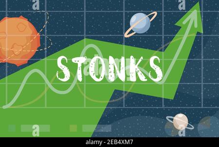 Stonks Vektor flach Banner Design. Schlechte finanzielle Entscheidungen, Amateur-Finanzstrategie, unprofessionelles Anlagekonzept. Grüner Pfeil wächst auf, kosmischer Hintergrund mit Sternen und Planeten. Stock Vektor
