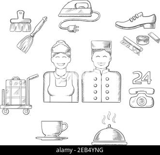 Hotel-Service-Ikonen im Sketch-Stil mit Hotelpagen, Zimmermädchen, Bügeln und Frühstück, Reinigung und Wäscherei, Gepäck und schuhputzservice Stock Vektor