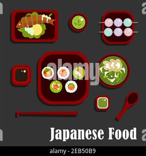 Japanische Meeresfrüchte und Dessert mit Sushi-Brötchen und Lachs, Avocado und rotem Kaviar, Soja und Wasabi, gegrillter Fisch mit Zitrone und Gurke, grüner Tee, Sou Stock Vektor