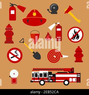 Brandschutz und Schutz Hintergrund mit flachen Icons von Feuerwehrauto, Feuerlöscher, Schlauch, Feuer Flamme, Hydranten, Schutzhelm, Feueralarme, Axt, s Stock Vektor