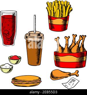 Fastfood-Snacks und Getränke mit Pommes Frites zum Mitnehmen, Hot Dog, gebratene Hühnerschenkel, Saucenbecher, Soda, Kaffee und Rechnung Stock Vektor