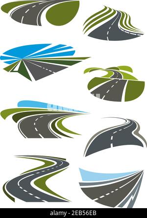 Straßen- und Autobahnsymbole eingestellt. Graue Asphaltstraßen, grüne Felder und blauer Himmel am Horizont. Vektorsymbole und -Symbole Stock Vektor