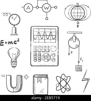 Science Sketch Icons Set mit Symbolen der Physik wie Magnet, elektrische Energie, Atom-Modell, Erde Magnetfeld, Buch, Formeln, Schemata und Werkzeuge. Stock Vektor