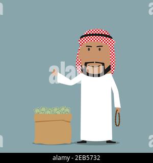 Lächelnder Cartoon arabischer Geschäftsmann mit Gebetsperlen in der Hand in der Nähe von vollen Geldbeutel und zeigt Daumen bis Zeichen stehen. Kann als Finanzwesen, Geschäft verwendet werden Stock Vektor