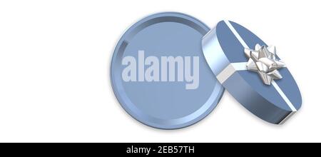 Offene runde Geschenkbox, Schleife auf weißem Hintergrund. Blaue Box Draufsicht, Ort für Text, Modell. Valentines, love Design, Verkauf, Überraschung, Geschenk, Geburtstag, Hochzeit, Valentinstag Liebe Vorlage 3D Render Stockfoto