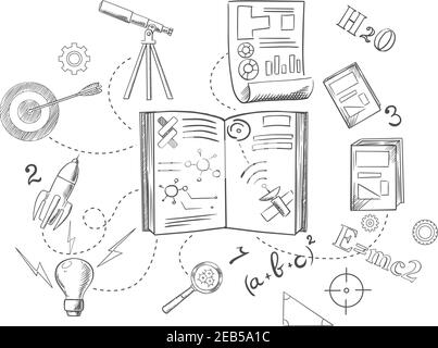 Astronomie und Physik Wissenschaft Symbole mit Glühbirne und Bücher, Raumschiff und Ziel, Lupe, Formeln und Symbole. Vektorskizze illustratio Stock Vektor