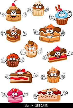 Cartoon leckere Cupcakes, Schokoladenkuchen, Beerenpasteten, fruchtiges Dessert, Käsekuchen und Pudding mit Schlagsahne, frischen Früchten und Schokoladenglasur. Stock Vektor