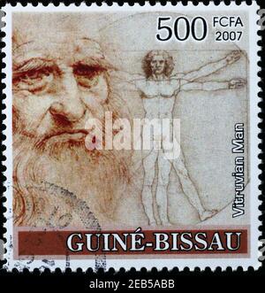 Selbstportrait von Leonardo und Vitruvian Mann auf Briefmarke Stockfoto