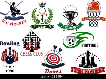 Fußball, Basketball, Eishockey, Golf, Darts, Bowling, Schach und Billard Sportartikel, Trophäen und heraldische Symbole. Vektorgrafik Stock Vektor