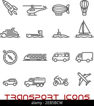Transport dünne Linie Symbole Set mit Auto, Bus und Zug, LKW und Schiff,  Flugzeug und Motorrad, Yacht und Kompass, Traktor und Hubschrauber, Rakete  Stock-Vektorgrafik - Alamy