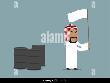 Geschäftskonzept von Ölpreisrückgang, Energie- und Finanzkrise. Cartoon arabischen Geschäftsmann winkt eine weiße Flagge vor Öl-oder Kraftstofftanks Stock Vektor