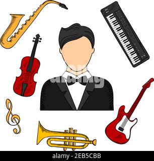 Musikerberuf und Musikinstrumente Bunte Ikonen des Mannes im Frack, umgeben von E-Gitarre, Trompete, Violine, Saxophon, Violinschlüssel A Stock Vektor