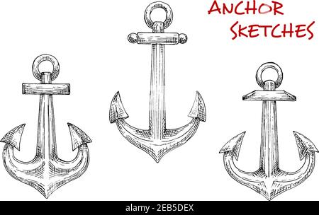 Marine Anker isolierte Skizzenikonen mit Admiralität oder Fischer alten Anker. Ideal für nautische Emblem, Marine Heraldik oder Marine Abenteuer Design Stock Vektor