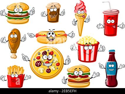 Happy Cartoon Fastfood-Menü Zeichen mit Pepperoni Pizza, pommes frites, Hamburger, Cheeseburger, Hot Dog, gebratenes Hühnerbein, Popcorn, Eis Co Stock Vektor