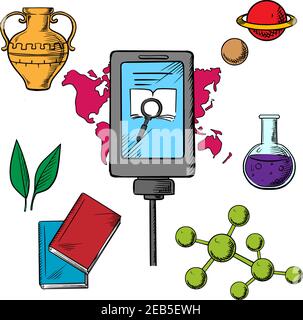 Symbole für Geschichte und Biologie mit einem zentralen Tablet, das ein Suchsymbol auf einer globalen Karte zeigt, umgeben von Büchern, Molekülen, Kolben, Planeten, Amphoren Stock Vektor