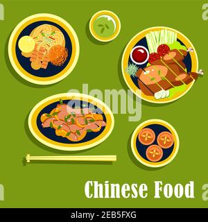 Chinesisches Essen mit asiatischem Abendessen als pekinger Ente, serviert mit Tomaten, Gurken, Zwiebel und Sauce, Nudeln mit Garnelen, Zitrone und Gemüse, Salat wi Stock Vektor