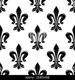 Schwarzes Vintage Fleur-de-LIS nahtloses Muster auf weißem Hintergrund mit floralem Ornament der französischen königlichen Heraldik. Verwendung als mittelalterliches Interieur-Zubehör oder Stock Vektor