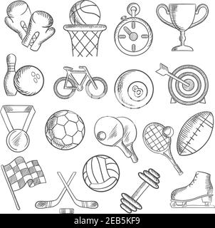 Sport und Fitness Skizzen Symbole mit Sport Volleyball, Fußball, Rugby, Basketball Billard, Bowling Bälle und Gegenstände, Pokal, Fahrrad, Rennen und Stock Vektor