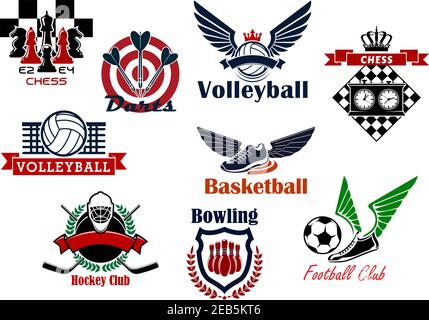 Fußball oder Fußball, Basketball, Eishockey, Schach, Bowling, Darts und Volleyball Sportspiele Embleme Design mit Bällen, Stöcken und Puck, Schachbretter a Stock Vektor