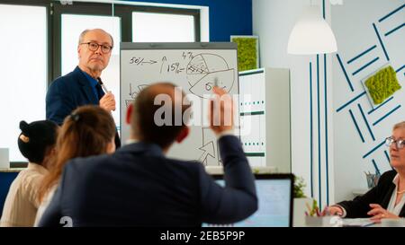 Selbstbewusster Mann Business Coach gibt Flipchart Präsentation Schulung verschiedene Mitarbeiter Gruppe in Workshop, Geschäftsmann Presenter Leiter Mentor erklärt Grafik Teaching Team Mitarbeiter in der Unternehmensversammlung Stockfoto