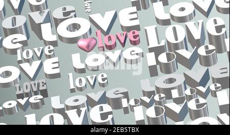 Gold Multi Worte LIEBE auf pastellgrünem Hintergrund, 3D rosa Herz. Valentinstag, Liebe, Party Einladung, Muttertag, 8th. März, Hochzeit, Grußkarte. Für Text platzieren. Elegantes pinkes Love-Design. 3D Rendern Stockfoto