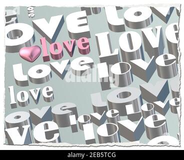 Worte LIEBE auf pastellgrünem Hintergrund, 3D rosa Herz. Valentinstag, Liebe, Party Einladung, Muttertag, 8th. März, Hochzeit, Grußkarte. Für Text platzieren. Elegantes pinkes Love-Design. 3D Rendern Stockfoto