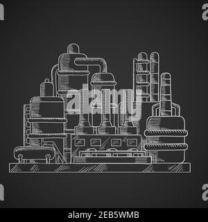 Ölraffinerie Fabrik in Umriss Stil auf Kreidetafel Darstellung einer Industrieanlage für die Verarbeitung und chemische Raffination von Rohöl Stock Vektor