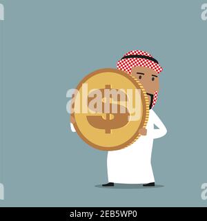 Cartoon arabischen Geschäftsmann in weißen nationalen Gewand trägt eine große goldene Dollar-Münze. Wohlstand, Reichtum und Finanzerfolg Konzept Stock Vektor