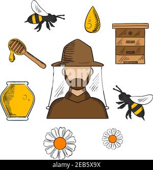 Bienenzucht Konzept mit Imker in Hut und Imkerei Symbole um ihn herum, einschließlich Honigglas, fliegende Bienen, Blumen, Holzbeeehive und Dipper mit d Stock Vektor