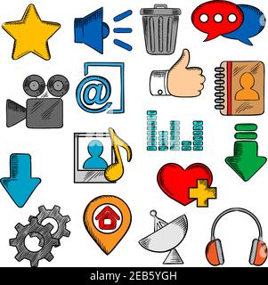 Bunte Social-Media-Symbole mit Chat-Sprechblase und E-Mail, laden und Daumen nach oben, Karte PIN und Startseite, Lieblings-Star und Herz, Video und Kontakte, Stock Vektor