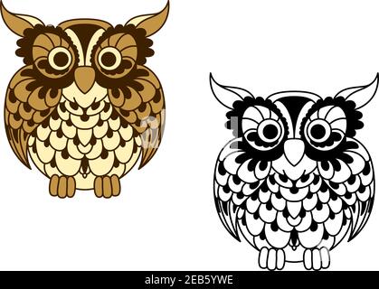 Vintage Cartoon und umreißen farblose Eule Vogel mit braunen durchbrochenen Gefieder und Zierfedern um die Augen. Toll für Bildung Maskottchen, Natur sym Stock Vektor
