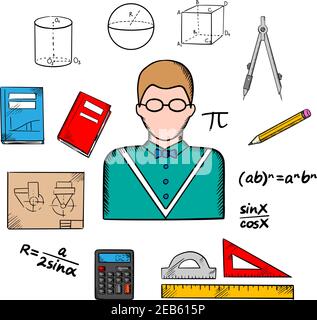Mathematikerberuf mit Lehrer in Gläsern umkreist von Formeln, Taschenrechner und Lineale, Kompasse und Bleistift, Lehrbücher, Zeichnung und geometrische Stock Vektor