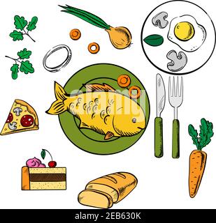 Frische Abendessen Lebensmittel und Snack Vektor-Symbole mit Kuchen, Karotten und Zwiebel Gemüse, Spiegeleier, Pizza und Brotscheiben rund um einen zentralen Teller mit f Stock Vektor