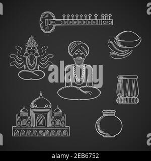 Indische Kultur und Religion Ikonen mit Taj Mahal und Sitar, frische Chilischote und Chilipulver, Tabla Trommel und Vase, Gott Vishnu, bärtiger Mann in turba Stock Vektor