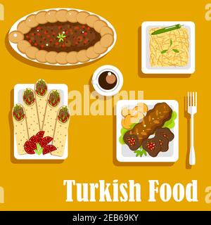 Authentische türkische Küche Essen mit Kebab gefüllt mit Chilischoten und Kräutern, serviert mit Kartoffeln und Kaffee, Pilaf mit Orzo, Shawarma Durum mit mir Stock Vektor