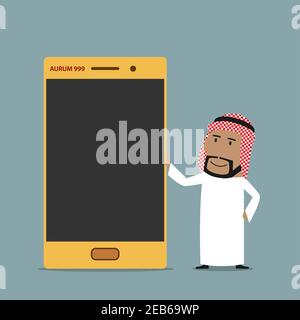 Wealth oder rühmen Promotion-Konzept. Cartoon arabischen Geschäftsmann präsentiert und Prahlerei der goldenen Handy Stock Vektor