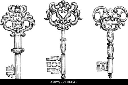 Vintage Tasten Skizzen Symbole für Tattoo oder mittelalterliche stilisierte Design. Verzierte alte Skelettschlüssel, verziert mit gelockten, geschmiedeten Ornamenten Stock Vektor