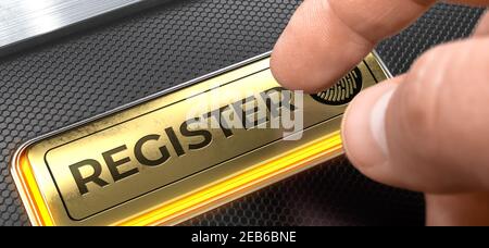 Register-Taste auf der Tastatur der Schnittstelle. Registrieren geschrieben auf Golden Key der Interface Tastatur. 3D. Stockfoto