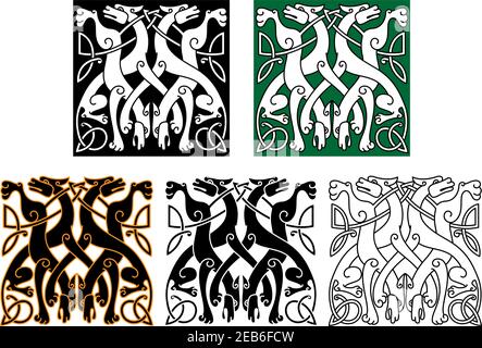 Vintage Tiermuster mit dekorativen Wölfen verflochten Schwänze und Beine, geschmückt mit keltischen Knoten ornamentalen Elementen für Tattoo oder mittelalterliche Kunst Stock Vektor