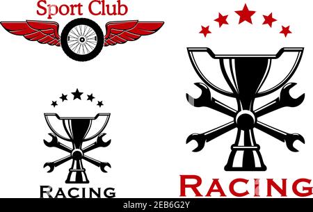 Geflügeltes Rad von Rennwagen und Pokal mit gekreuzten Schraubenschlüssel und Sterne auf dem Hintergrund. Rennsport und oder Motorsport Symbole oder Symbole Stock Vektor