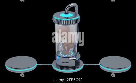 Embryo im Sci-Fi-Kolben und zwei Callouts isoliert auf schwarz. 3D Rendern Stockfoto