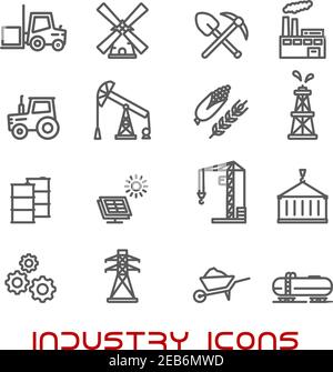 Industrie und Ökologie dünne Linie Symbole mit Ölpumpe und Fass, Raffinerie, Traktor, Mais, Weizen, Strahlung, Solarpanel, Getriebe, Kraftstoff und Gabelstapler Stock Vektor