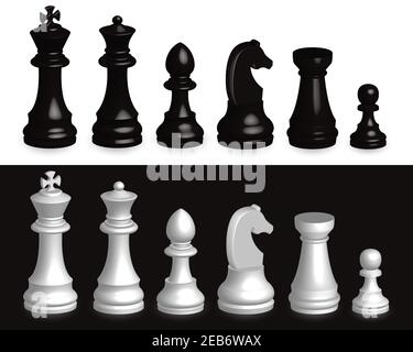 Schachspiel-Set 3D. Realistisches Set aller Schachfiguren in 3D schwarz und weiß. Stockfoto