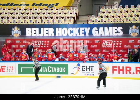 Malmoe, Schweden. Februar 2021, 11th. Die Spieler von Russland auf der Unterbank während der Beijer Hockey Games gesehen 2021 Spiel zwischen Russland und Finnland in Malmoe Arena in Malmoe. (Foto Kredit: Gonzales Foto/Alamy Live News Stockfoto